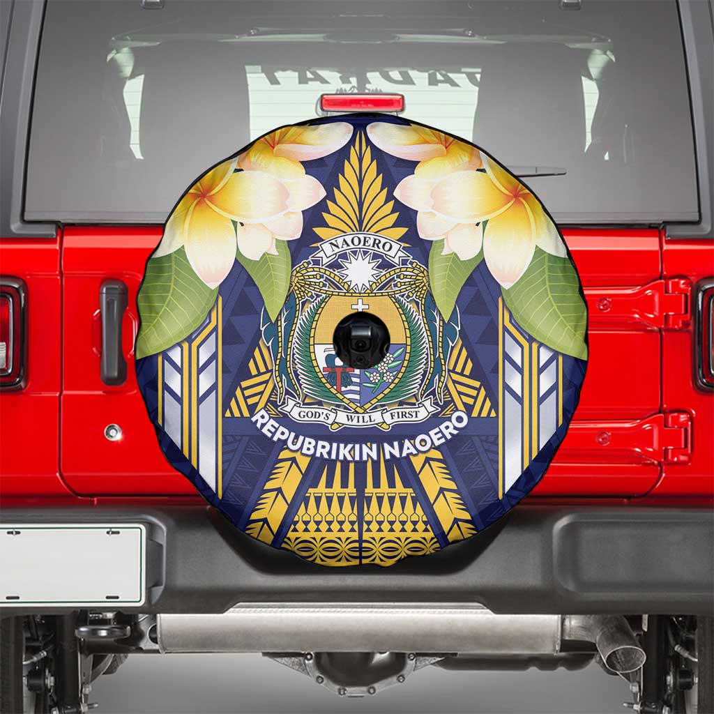 Nauru Independence Day Spare Tire Cover Coat Of Arms With Plumeria - Polynesian Pride