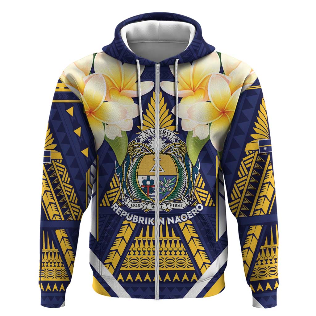 Personalised Nauru Independence Day Zip Hoodie Coat Of Arms With Plumeria - Polynesian Pride