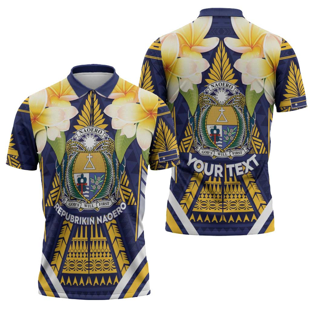 Personalised Nauru Independence Day Zipper Polo Shirt Coat Of Arms With Plumeria - Polynesian Pride