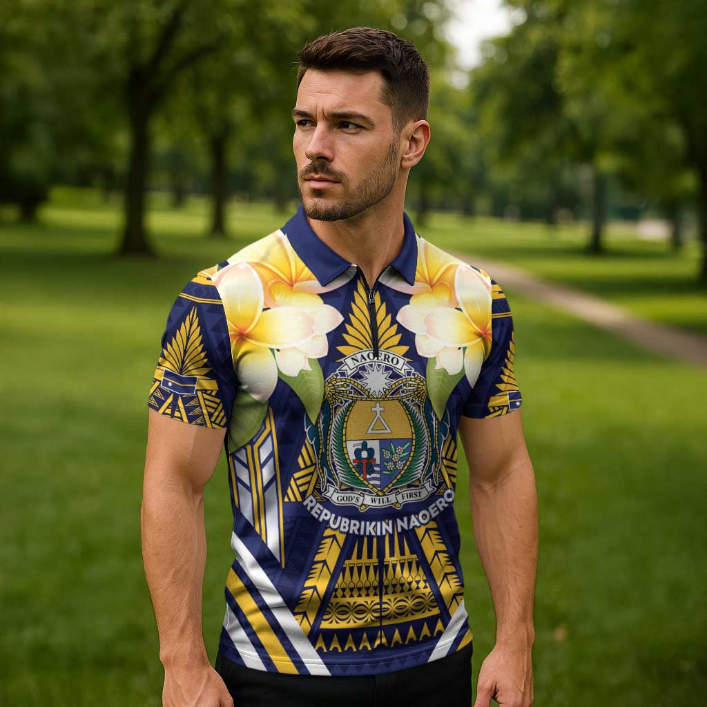 Personalised Nauru Independence Day Zipper Polo Shirt Coat Of Arms With Plumeria - Polynesian Pride