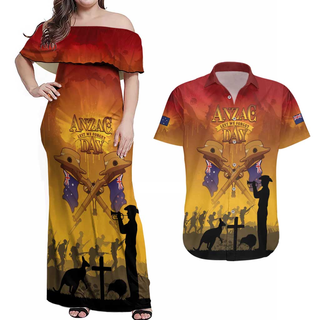 ANZAC Day Couples Matching Off Shoulder Maxi Dress and Hawaiian Shirt Australia And New Zealand Slouch Hats LT05 Yellow - Polynesian Pride