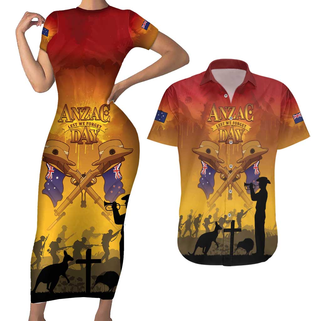 ANZAC Day Couples Matching Short Sleeve Bodycon Dress and Hawaiian Shirt Australia And New Zealand Slouch Hats LT05 Yellow - Polynesian Pride