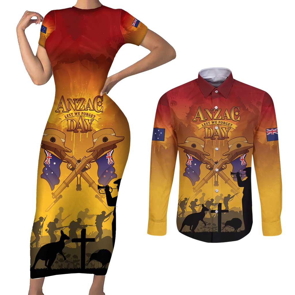 ANZAC Day Couples Matching Short Sleeve Bodycon Dress and Long Sleeve Button Shirt Australia And New Zealand Slouch Hats LT05 Yellow - Polynesian Pride