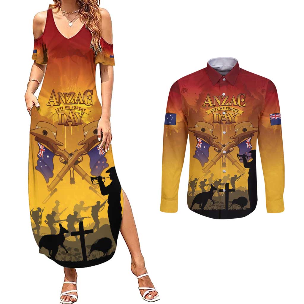 ANZAC Day Couples Matching Summer Maxi Dress and Long Sleeve Button Shirt Australia And New Zealand Slouch Hats LT05 Yellow - Polynesian Pride