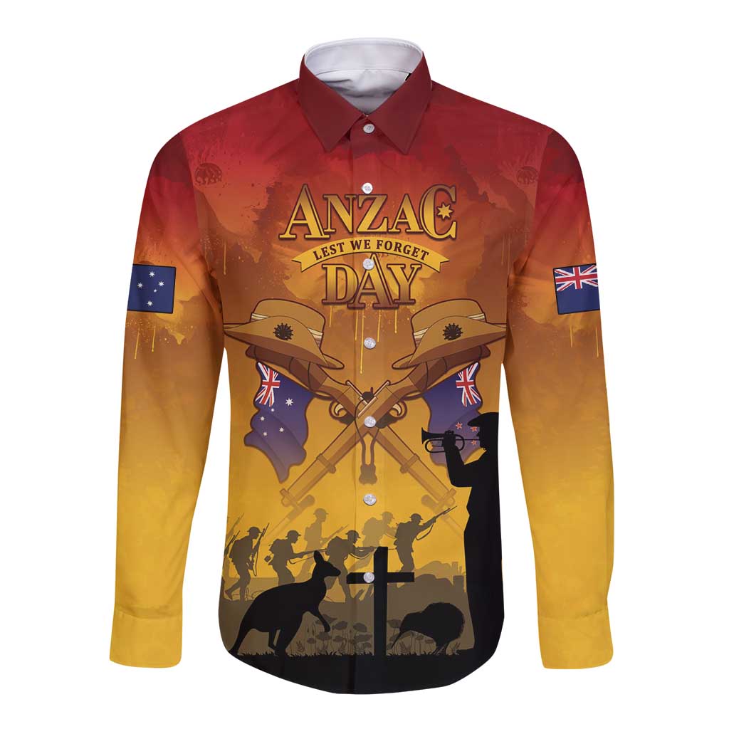 ANZAC Day Long Sleeve Button Shirt Australia And New Zealand Slouch Hats LT05 Unisex Yellow - Polynesian Pride