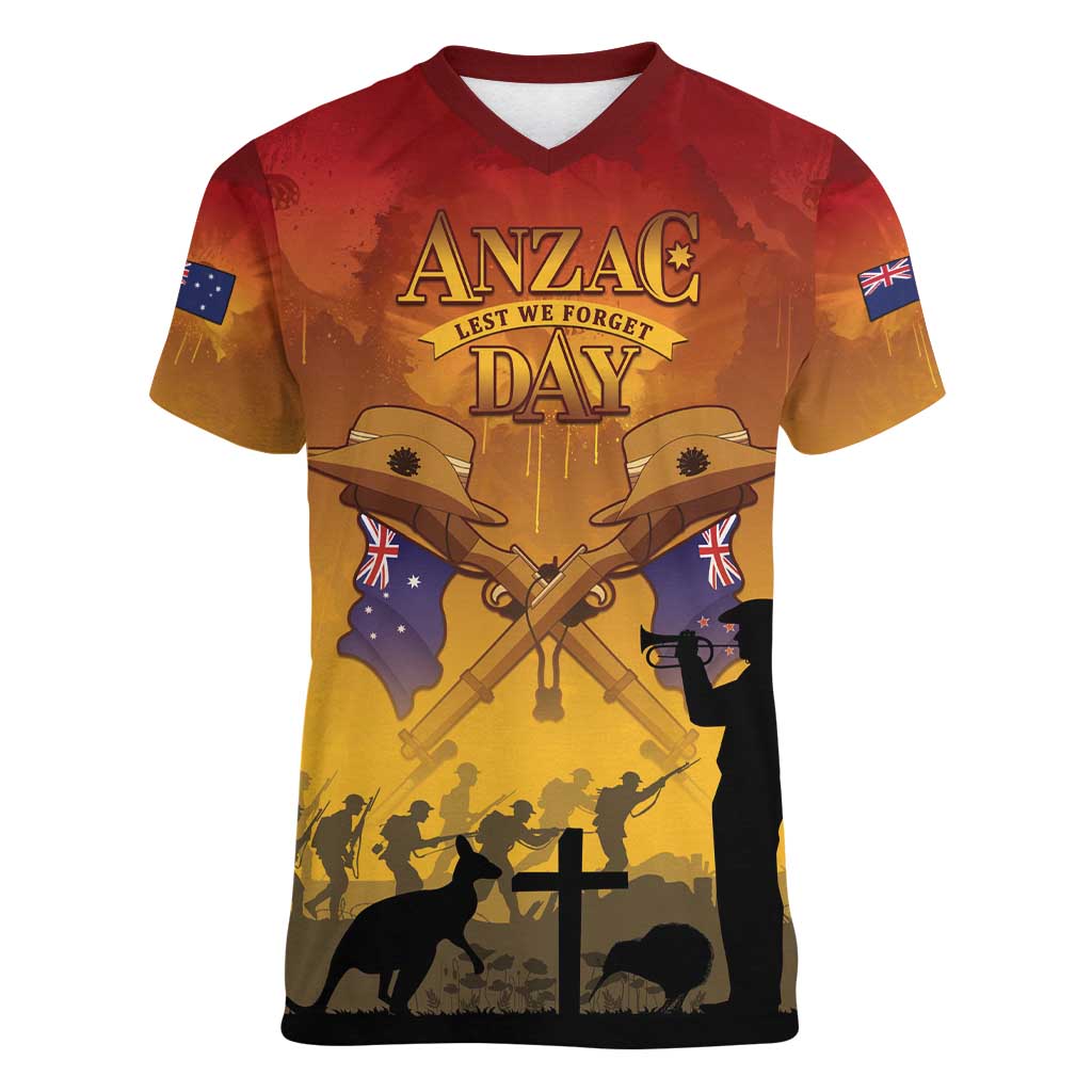 ANZAC Day Women V-Neck T-Shirt Australia And New Zealand Slouch Hats LT05 Female Yellow - Polynesian Pride