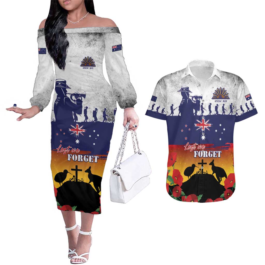 New Zealand And Australia ANZAC Last Post Couples Matching Off The Shoulder Long Sleeve Dress and Hawaiian Shirt