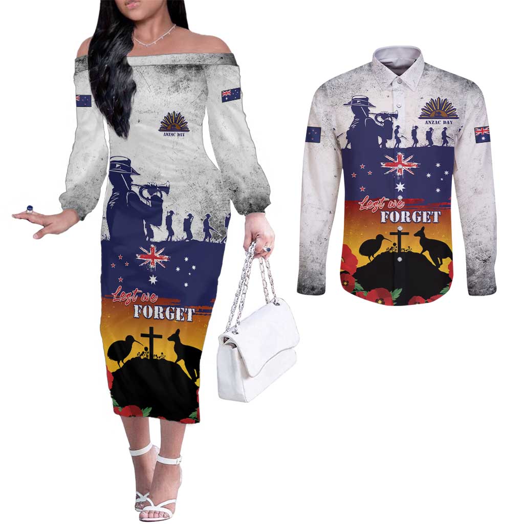 New Zealand And Australia ANZAC Last Post Couples Matching Off The Shoulder Long Sleeve Dress and Long Sleeve Button Shirt