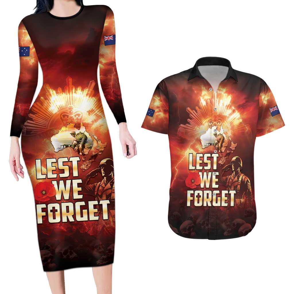 Honouring The ANZAC Spirit Couples Matching Long Sleeve Bodycon Dress and Hawaiian Shirt Gallipoli Lest We Forget