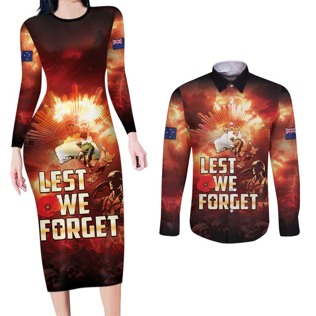 Honouring The ANZAC Spirit Couples Matching Long Sleeve Bodycon Dress and Long Sleeve Button Shirt Gallipoli Lest We Forget LT05 Red - Polynesian Pride