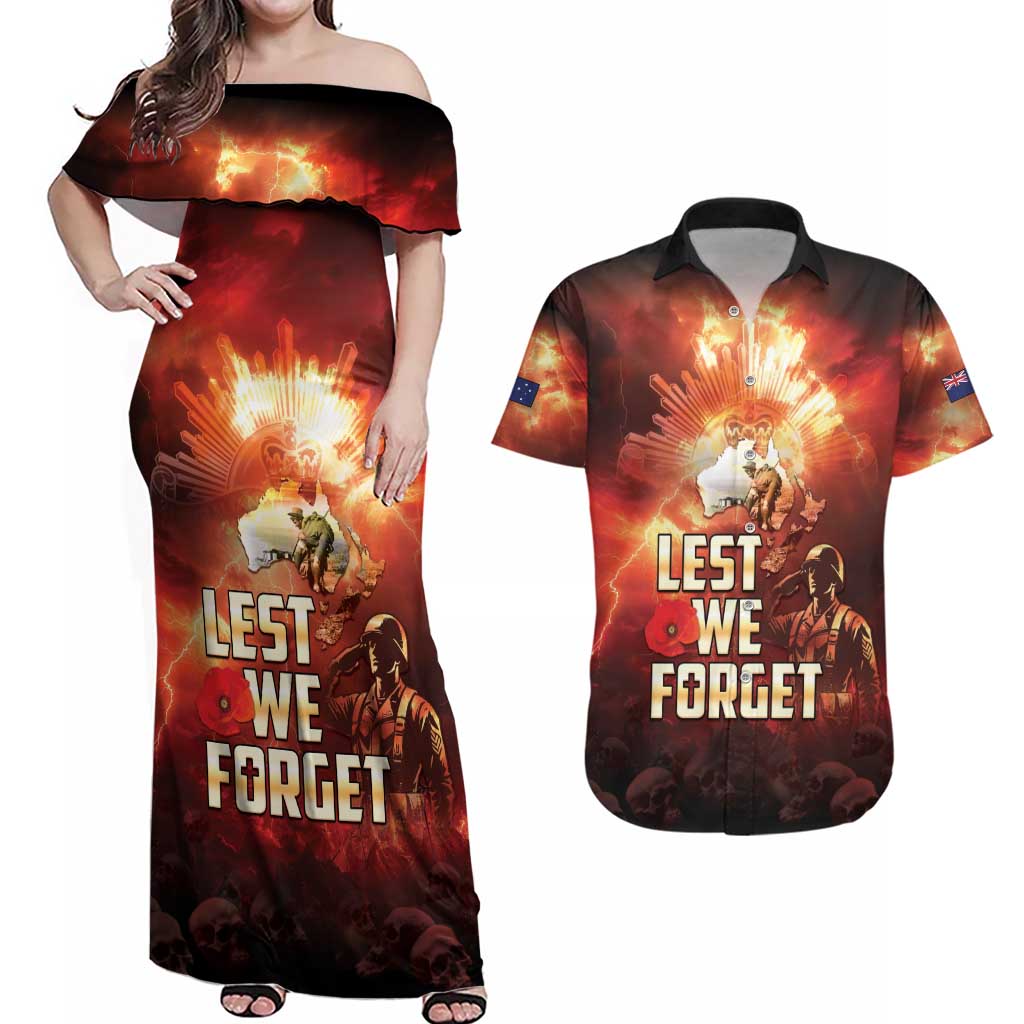 Honouring The ANZAC Spirit Couples Matching Off Shoulder Maxi Dress and Hawaiian Shirt Gallipoli Lest We Forget LT05 Red - Polynesian Pride