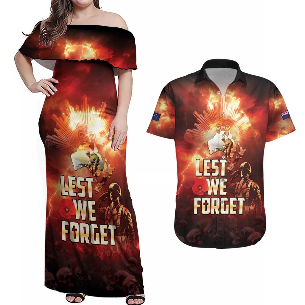 Honouring The ANZAC Spirit Couples Matching Off Shoulder Maxi Dress and Hawaiian Shirt Gallipoli Lest We Forget