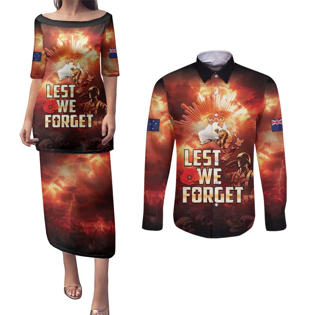 Honouring The ANZAC Spirit Couples Matching Puletasi and Long Sleeve Button Shirt Gallipoli Lest We Forget LT05 Red - Polynesian Pride