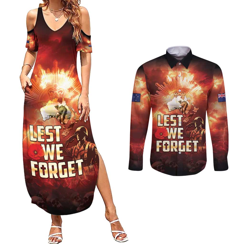 Honouring The ANZAC Spirit Couples Matching Summer Maxi Dress and Long Sleeve Button Shirt Gallipoli Lest We Forget