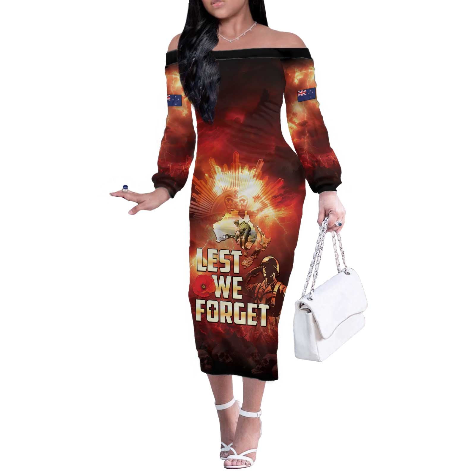 Honouring The ANZAC Spirit Off The Shoulder Long Sleeve Dress Gallipoli Lest We Forget