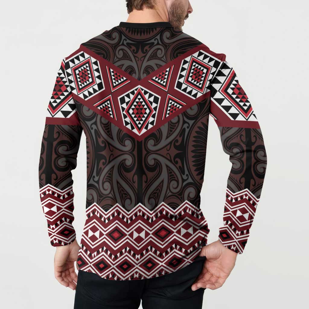 New Zealand Aotearoa Button Sweatshirt Red Taniko Art Maori Pattern LT05 - Polynesian Pride