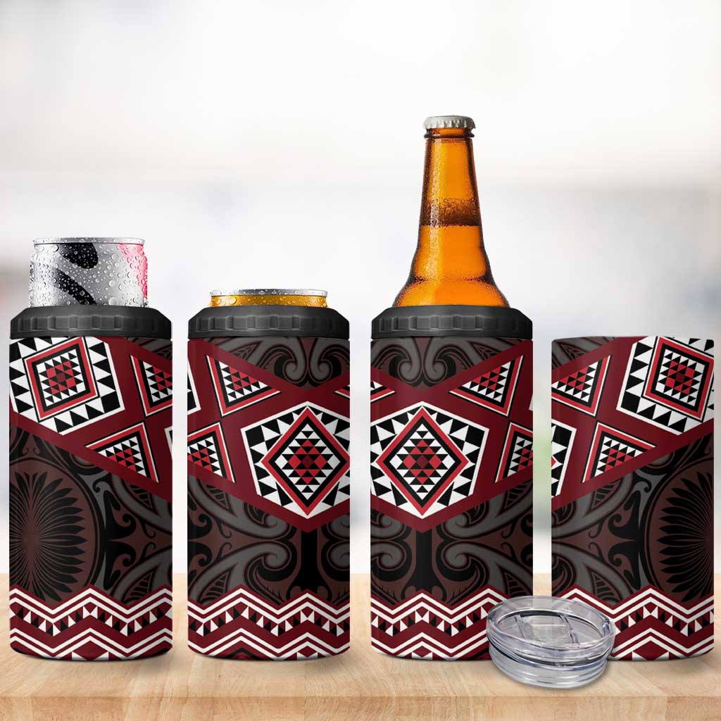 New Zealand Aotearoa 4 in 1 Can Cooler Tumbler Red Taniko Art Maori Pattern LT05 - Polynesian Pride
