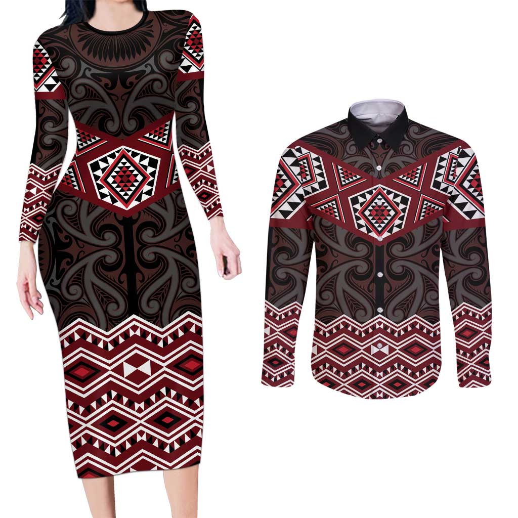 New Zealand Aotearoa Couples Matching Long Sleeve Bodycon Dress and Long Sleeve Button Shirt Red Taniko Art Maori Pattern LT05 Red - Polynesian Pride