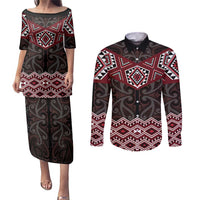 New Zealand Aotearoa Couples Matching Puletasi and Long Sleeve Button Shirt Red Taniko Art Maori Pattern LT05 Red - Polynesian Pride