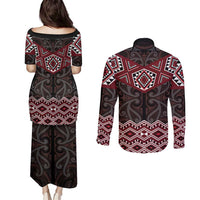 New Zealand Aotearoa Couples Matching Puletasi and Long Sleeve Button Shirt Red Taniko Art Maori Pattern LT05 - Polynesian Pride