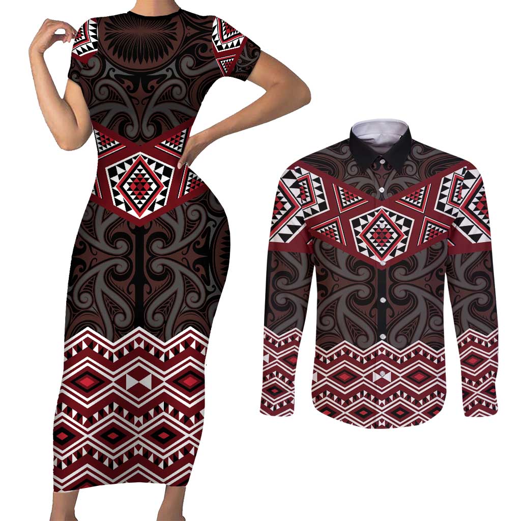 New Zealand Aotearoa Couples Matching Short Sleeve Bodycon Dress and Long Sleeve Button Shirt Red Taniko Art Maori Pattern LT05 Red - Polynesian Pride