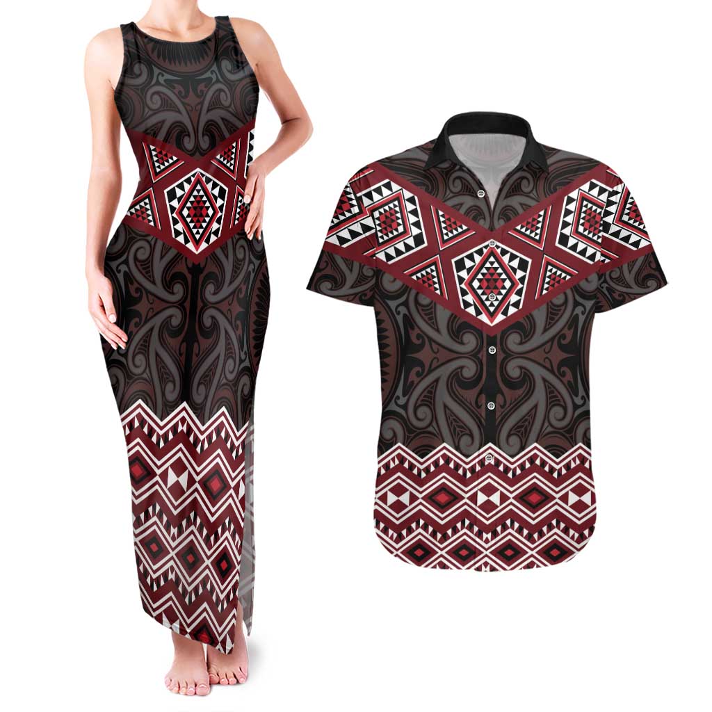 New Zealand Aotearoa Couples Matching Tank Maxi Dress and Hawaiian Shirt Red Taniko Art Maori Pattern LT05 Red - Polynesian Pride