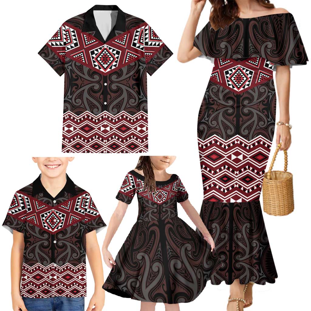 New Zealand Aotearoa Family Matching Mermaid Dress and Hawaiian Shirt Red Taniko Art Maori Pattern