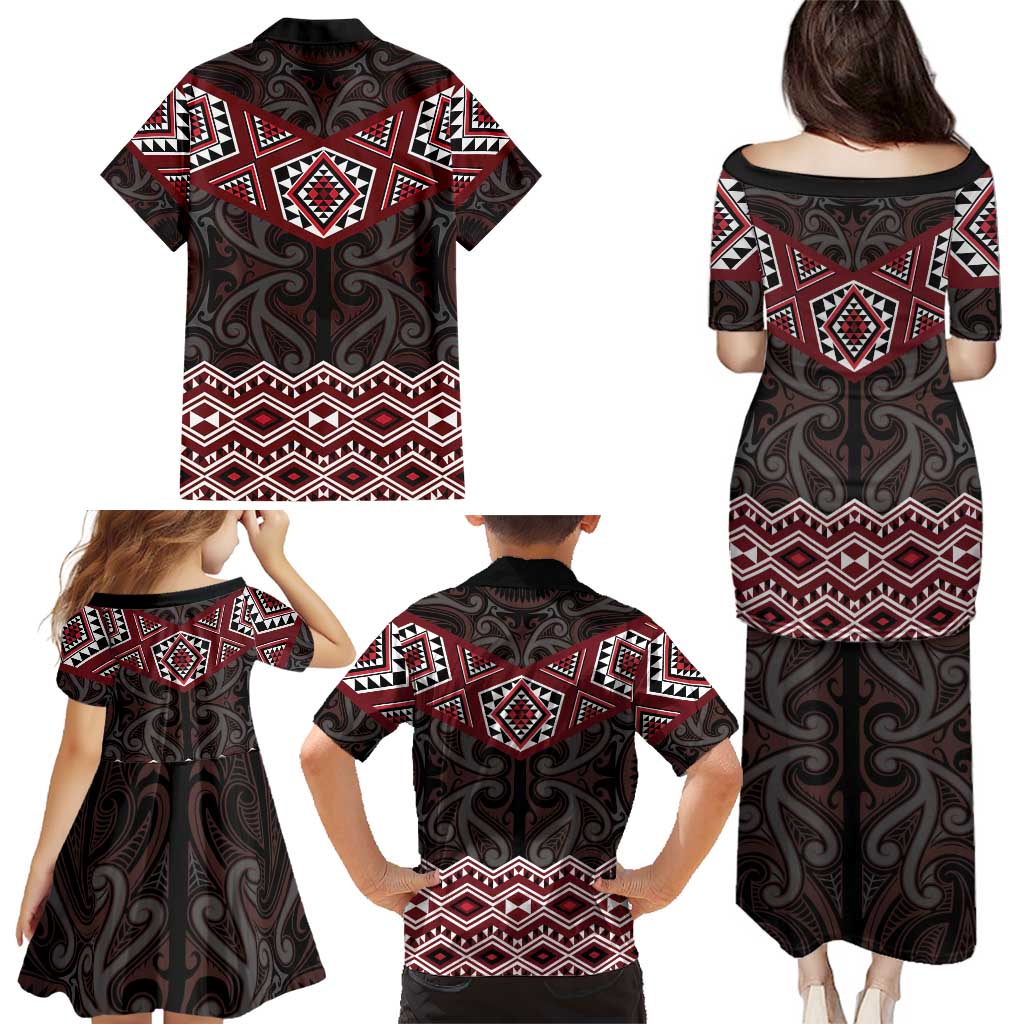 New Zealand Aotearoa Family Matching Puletasi and Hawaiian Shirt Red Taniko Art Maori Pattern