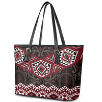 New Zealand Aotearoa Leather Tote Bag Red Taniko Art Maori Pattern