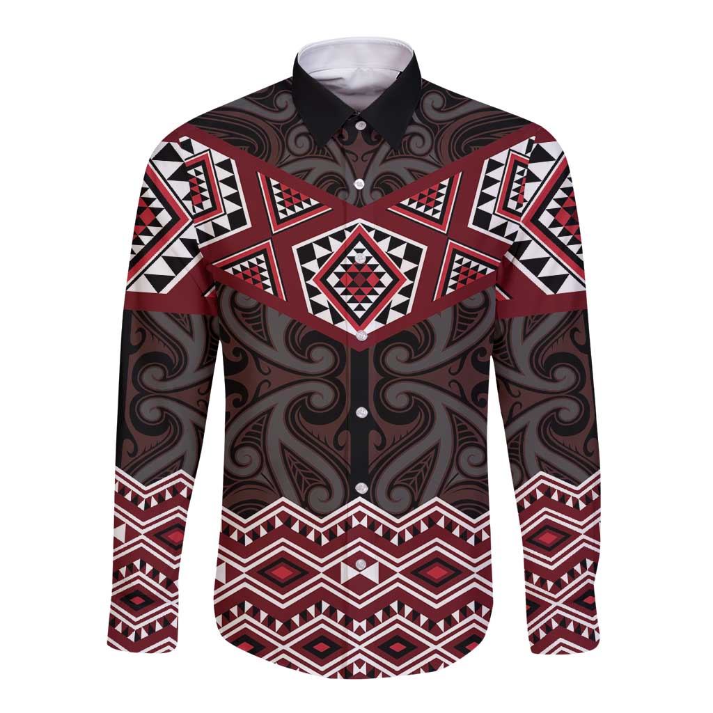 New Zealand Aotearoa Long Sleeve Button Shirt Red Taniko Art Maori Pattern LT05 Unisex Red - Polynesian Pride