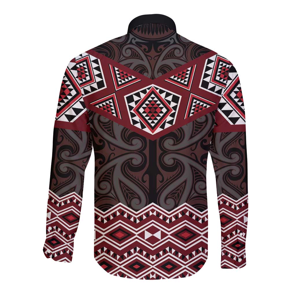New Zealand Aotearoa Long Sleeve Button Shirt Red Taniko Art Maori Pattern LT05 - Polynesian Pride