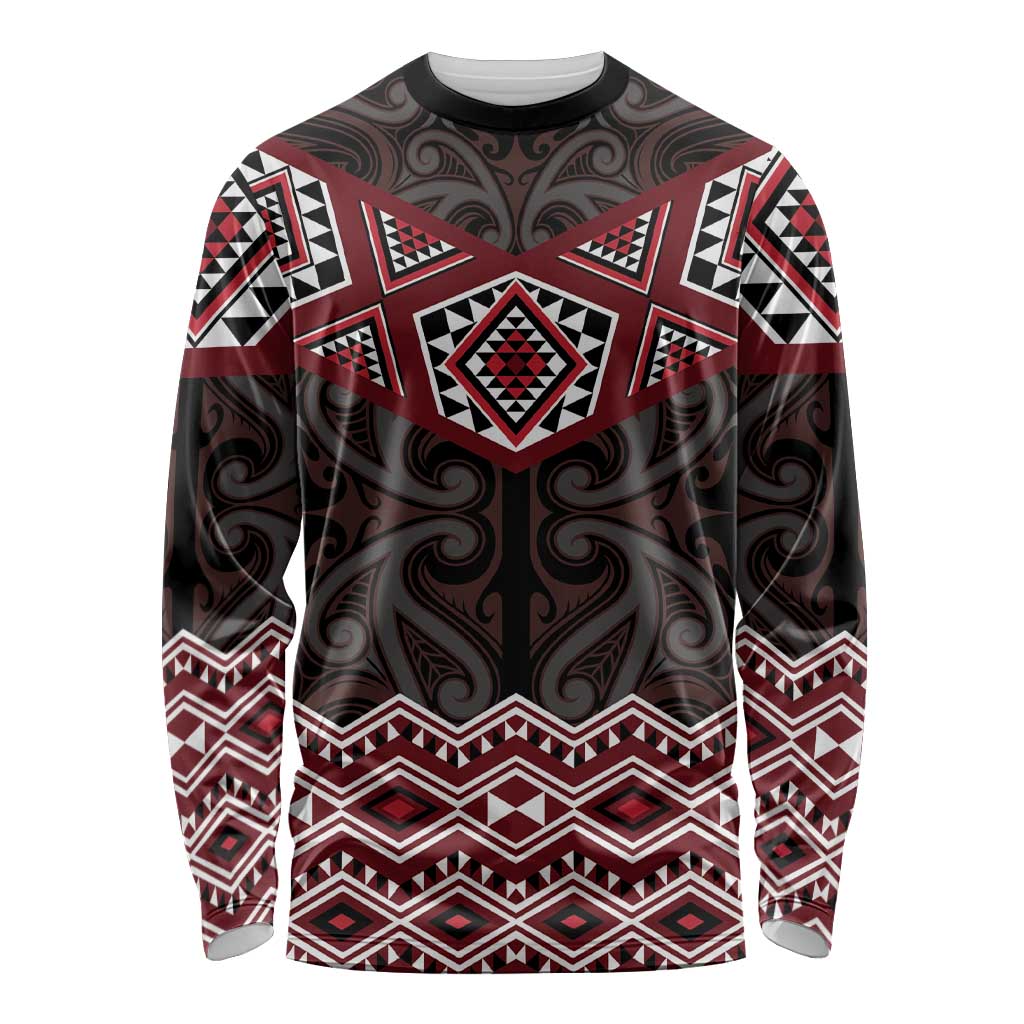 New Zealand Aotearoa Long Sleeve Shirt Red Taniko Art Maori Pattern LT05 Unisex Red - Polynesian Pride
