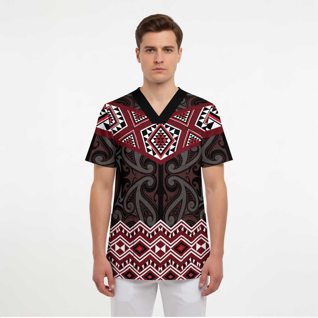 New Zealand Aotearoa Scrub Top Red Taniko Art Maori Pattern - Polynesian Pride