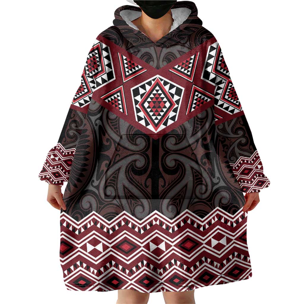 New Zealand Aotearoa Wearable Blanket Hoodie Red Taniko Art Maori Pattern LT05 - Polynesian Pride