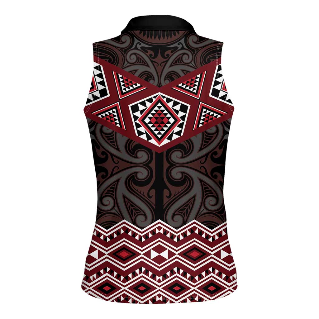 New Zealand Aotearoa Women Sleeveless Polo Shirt Red Taniko Art Maori Pattern