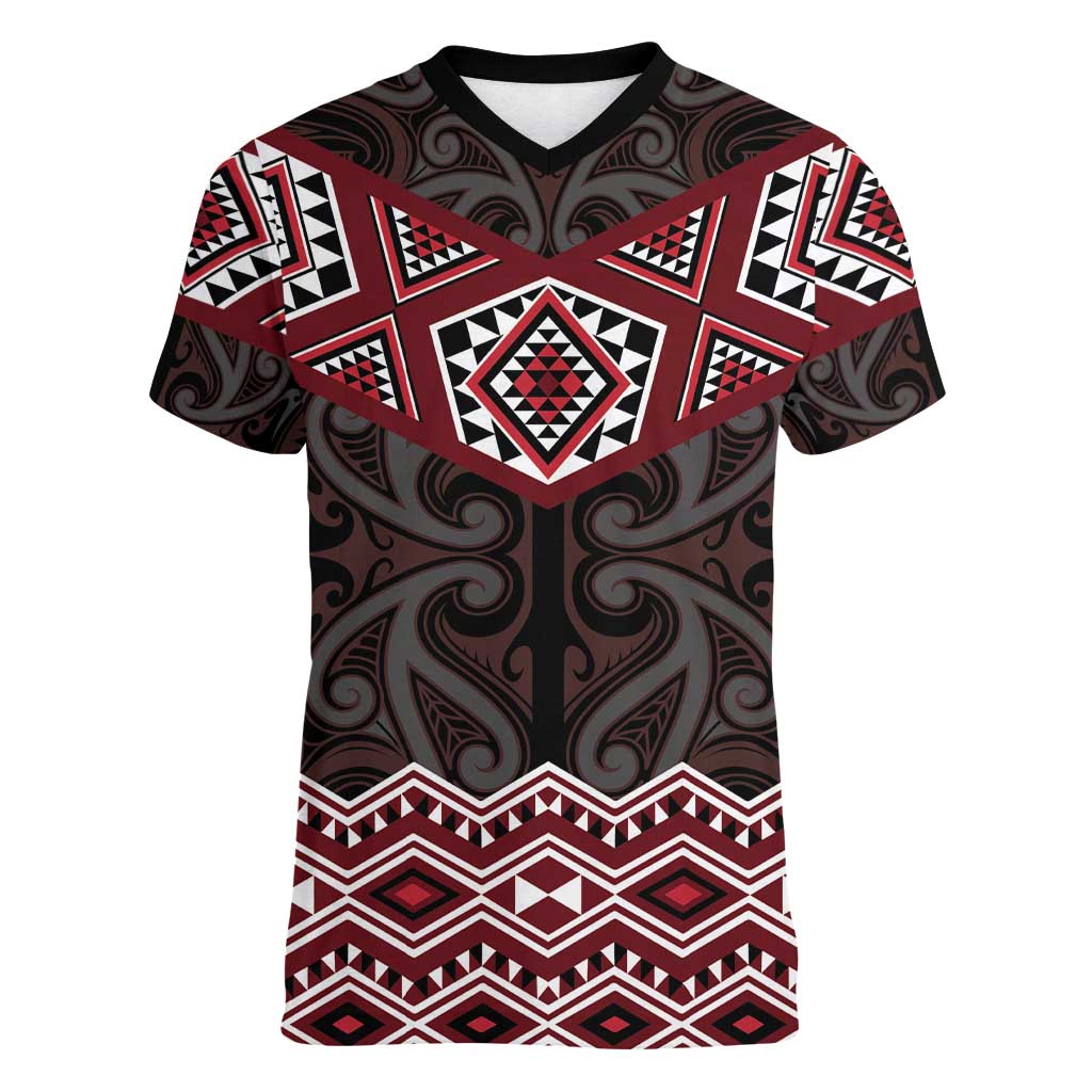 New Zealand Aotearoa Women V-Neck T-Shirt Red Taniko Art Maori Pattern LT05 Female Red - Polynesian Pride
