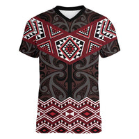 New Zealand Aotearoa Women V-Neck T-Shirt Red Taniko Art Maori Pattern LT05 Female Red - Polynesian Pride