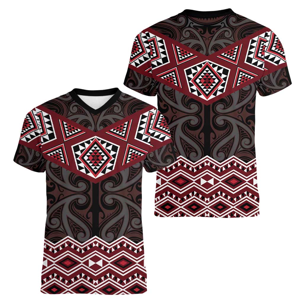 New Zealand Aotearoa Women V-Neck T-Shirt Red Taniko Art Maori Pattern LT05 - Polynesian Pride