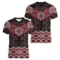 New Zealand Aotearoa Women V-Neck T-Shirt Red Taniko Art Maori Pattern LT05 - Polynesian Pride