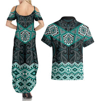 New Zealand Aotearoa Couples Matching Summer Maxi Dress and Hawaiian Shirt Turquoise Taniko Art Maori Pattern