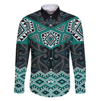 New Zealand Aotearoa Family Matching Long Sleeve Bodycon Dress and Hawaiian Shirt Turquoise Taniko Art Maori Pattern