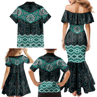 New Zealand Aotearoa Family Matching Mermaid Dress and Hawaiian Shirt Turquoise Taniko Art Maori Pattern