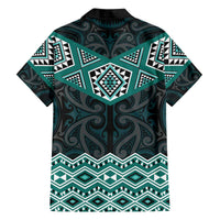 New Zealand Aotearoa Family Matching Off The Shoulder Long Sleeve Dress and Hawaiian Shirt Turquoise Taniko Art Maori Pattern