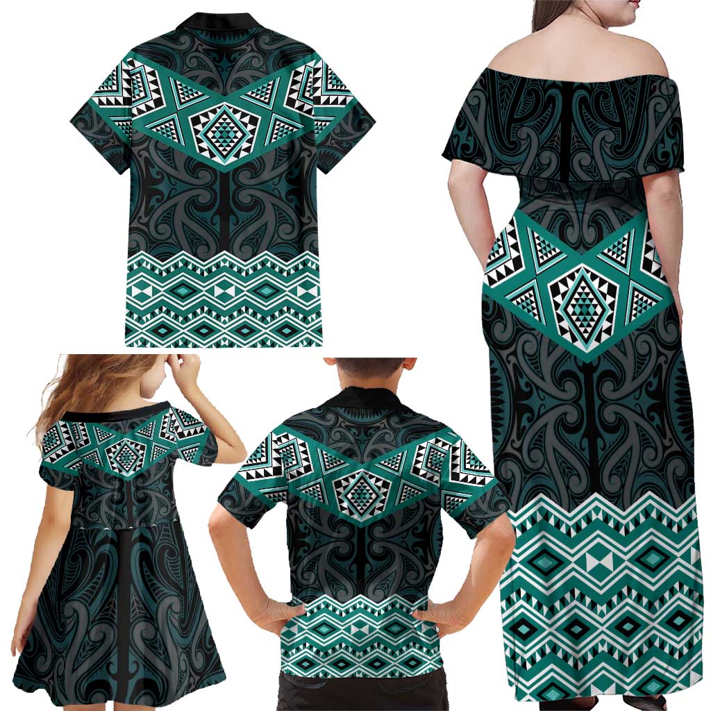 New Zealand Aotearoa Family Matching Off Shoulder Maxi Dress and Hawaiian Shirt Turquoise Taniko Art Maori Pattern