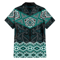 New Zealand Aotearoa Family Matching Off Shoulder Short Dress and Hawaiian Shirt Turquoise Taniko Art Maori Pattern