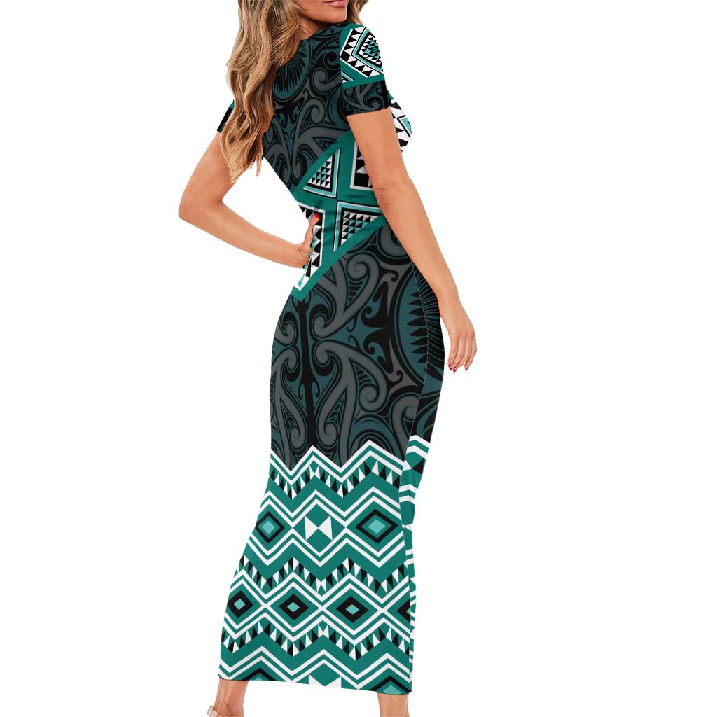 New Zealand Aotearoa Family Matching Short Sleeve Bodycon Dress and Hawaiian Shirt Turquoise Taniko Art Maori Pattern