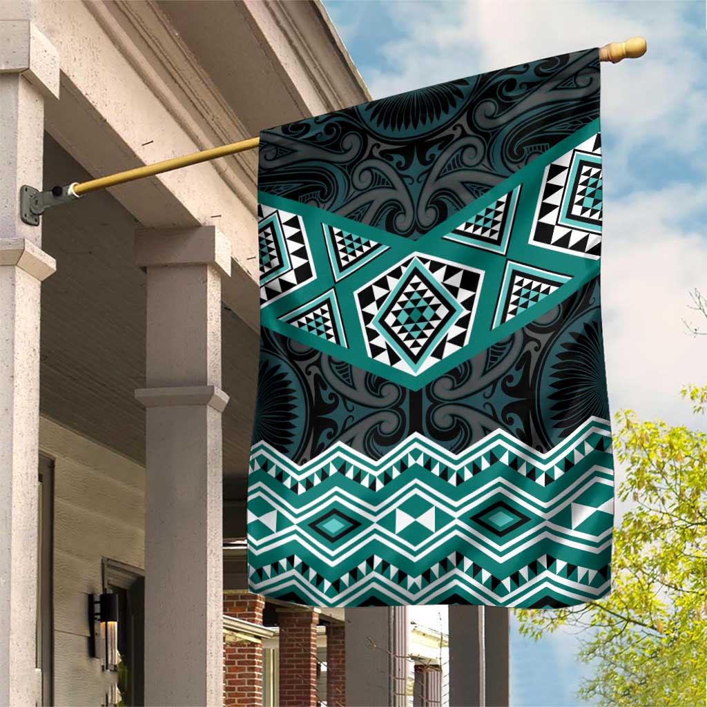 New Zealand Aotearoa Garden Flag Turquoise Taniko Art Maori Pattern LT05 House Flag Turquoise - Polynesian Pride