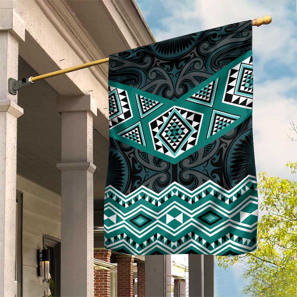 New Zealand Aotearoa Garden Flag Turquoise Taniko Art Maori Pattern