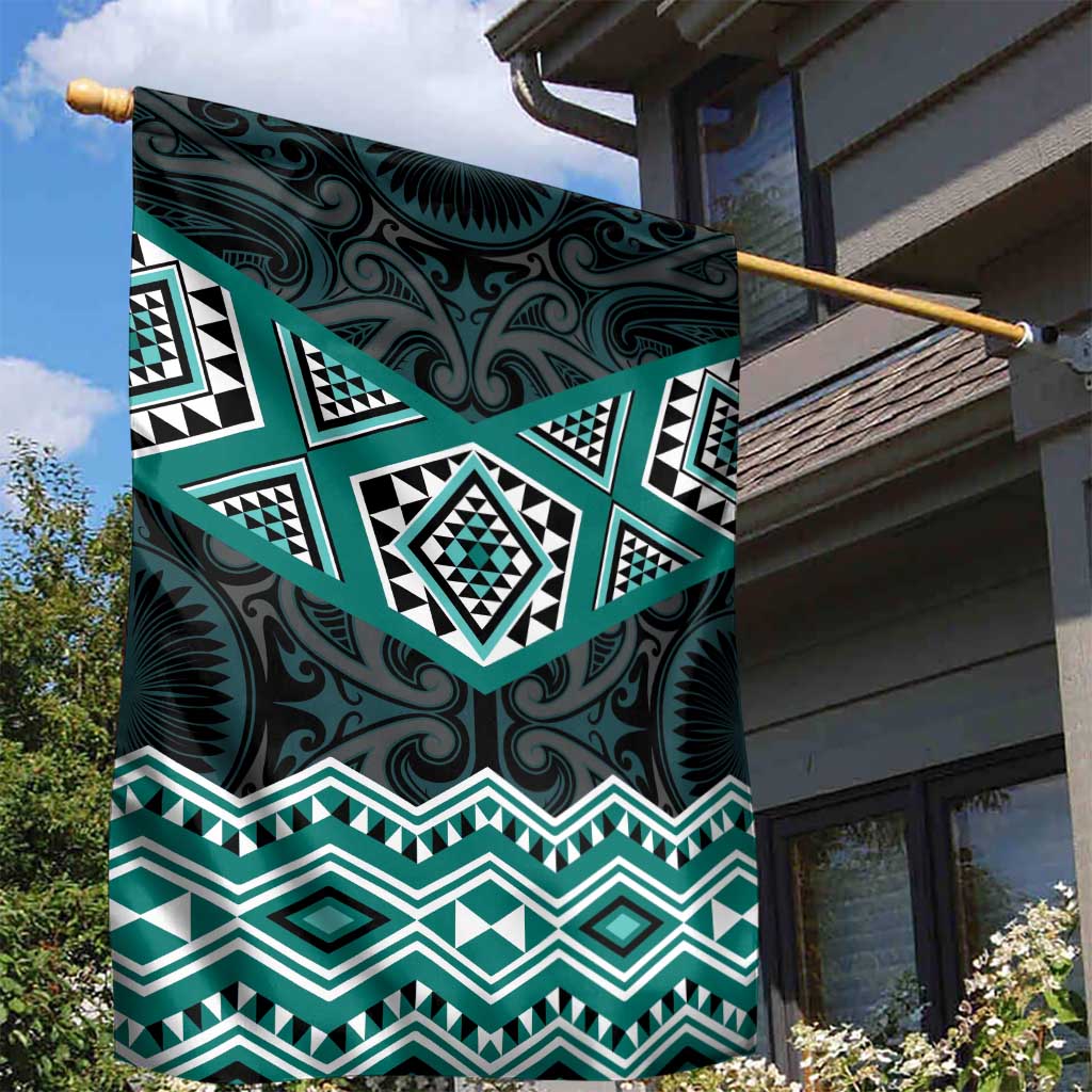 New Zealand Aotearoa Garden Flag Turquoise Taniko Art Maori Pattern LT05 - Polynesian Pride