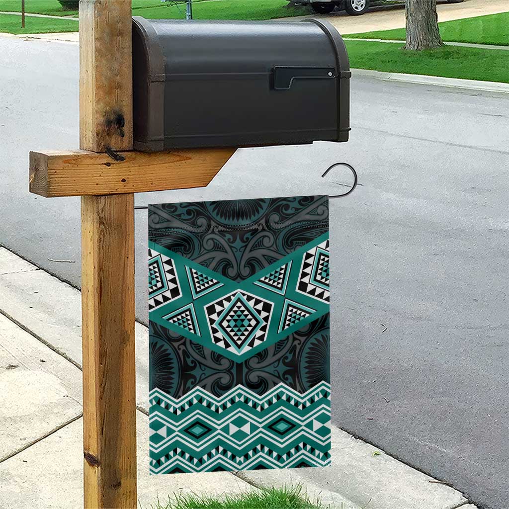 New Zealand Aotearoa Garden Flag Turquoise Taniko Art Maori Pattern LT05 - Polynesian Pride